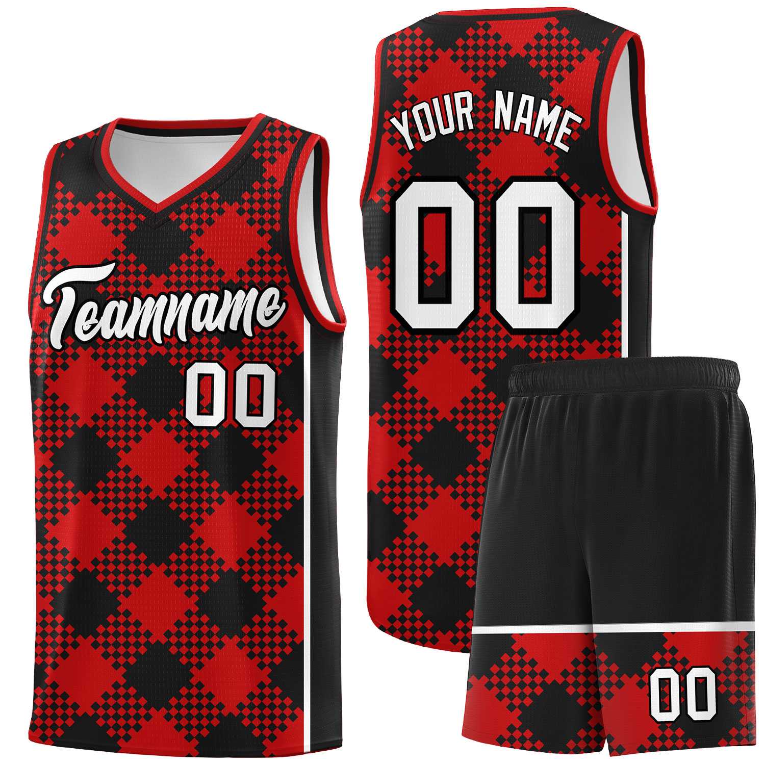 Personalized Red Black-White Grid Basketball Kits