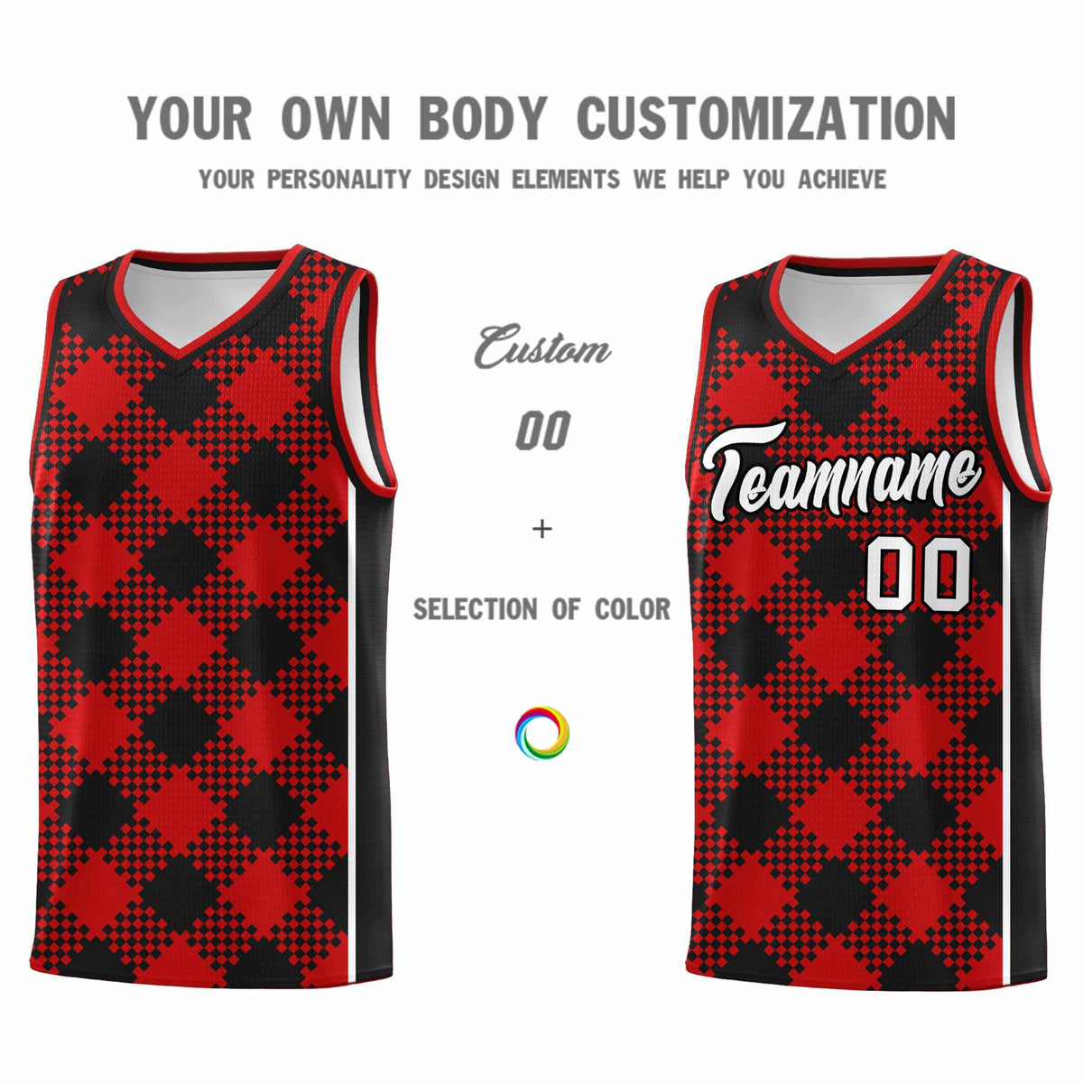 Personalized Red Black-White Grid Basketball Kits