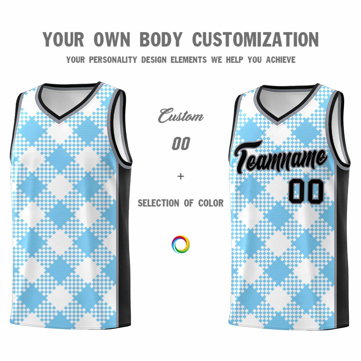 Personalized Light Blue White-Black Grid Basketball Kits