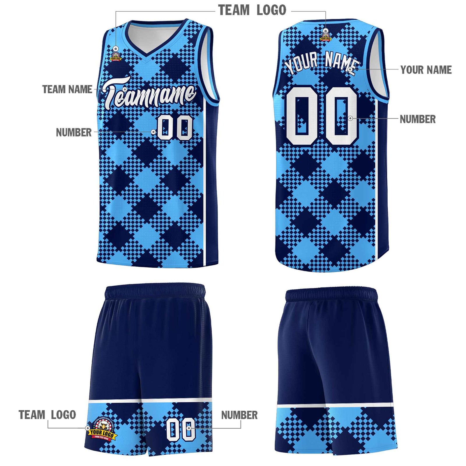Personalized Powder Blue Navy-White Grid Basketball Kits