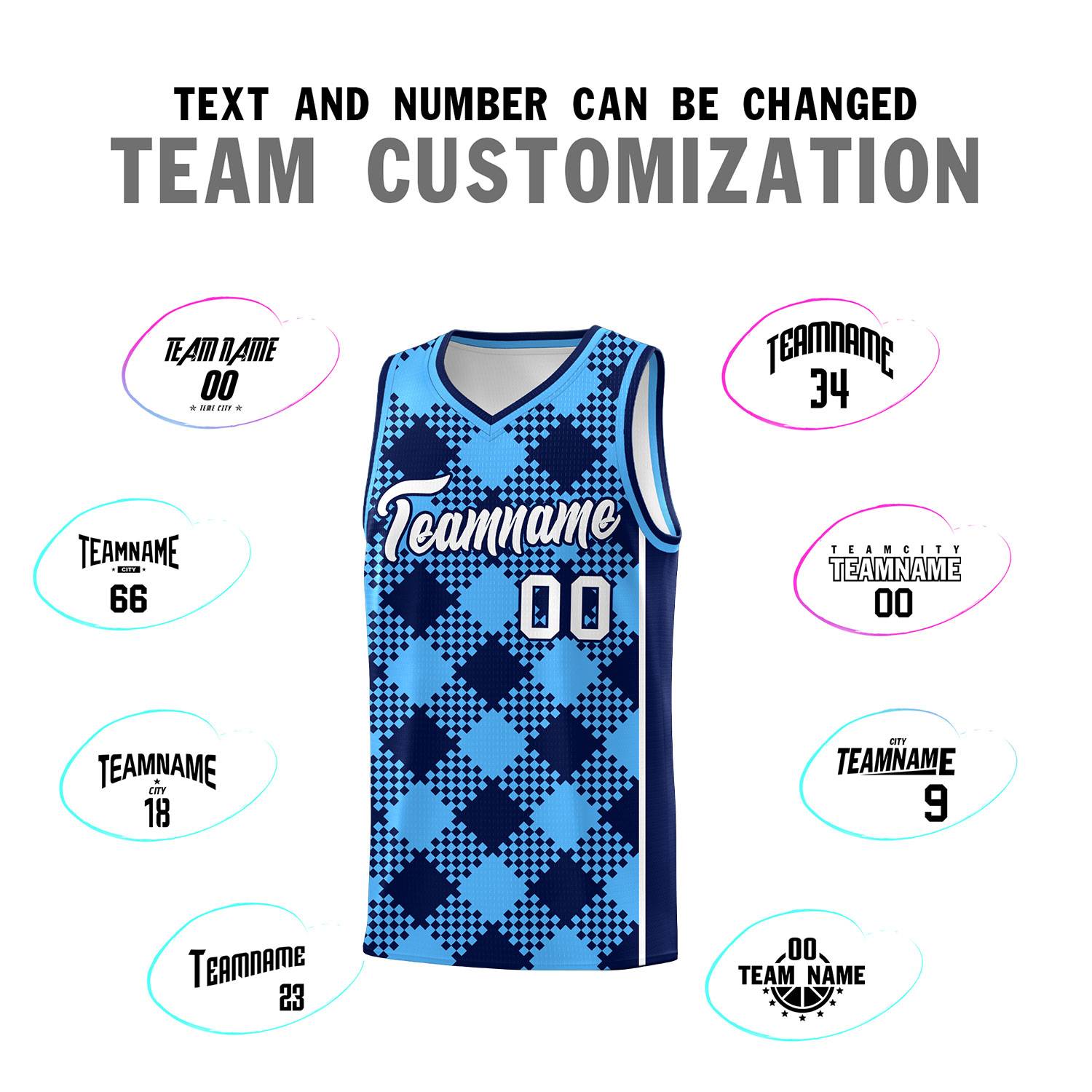 Personalized Powder Blue Navy-White Grid Basketball Kits