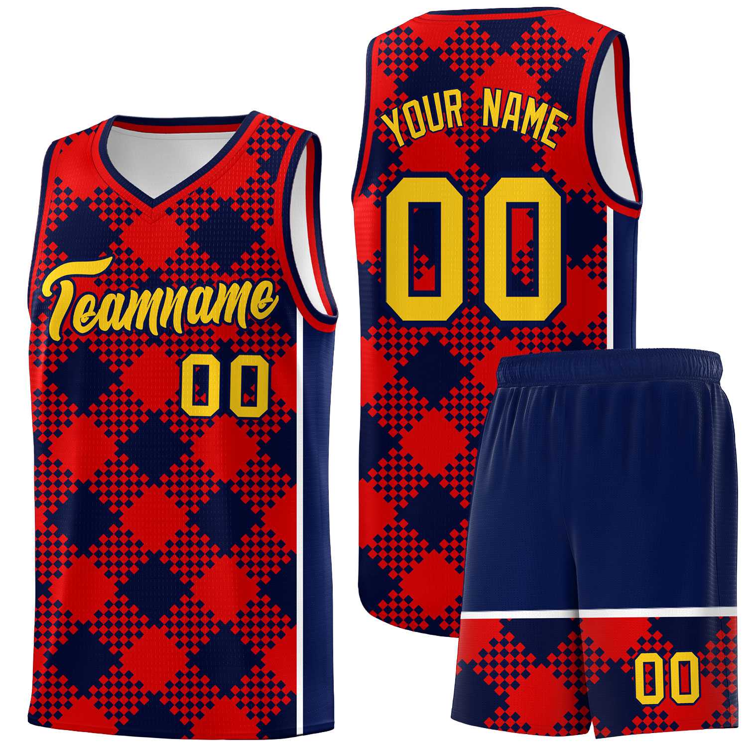 Personalized Navy Red-White Grid Basketball Kits