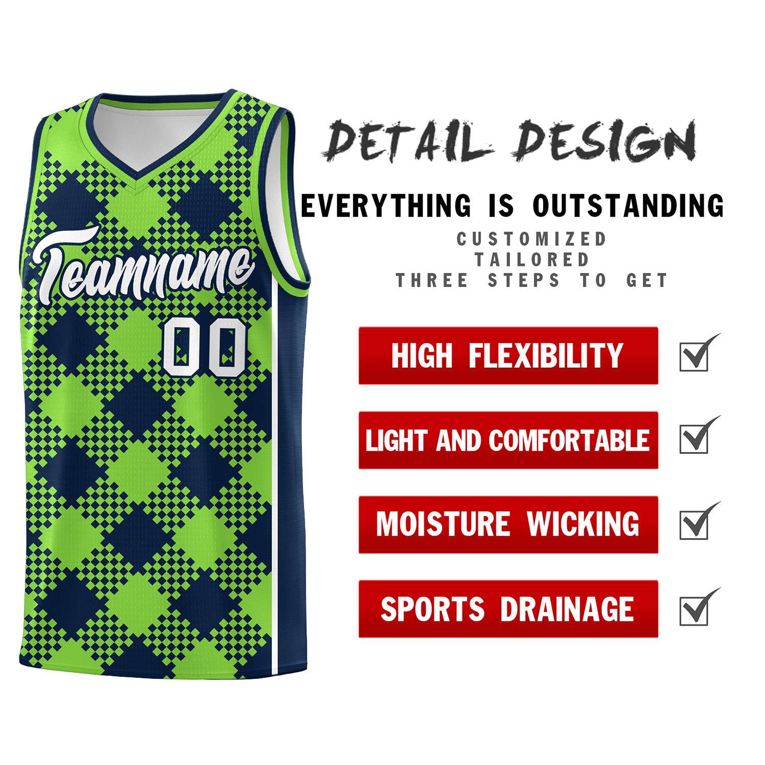 Personalized Fluorescent Green Navy-White Grid Basketball Kits