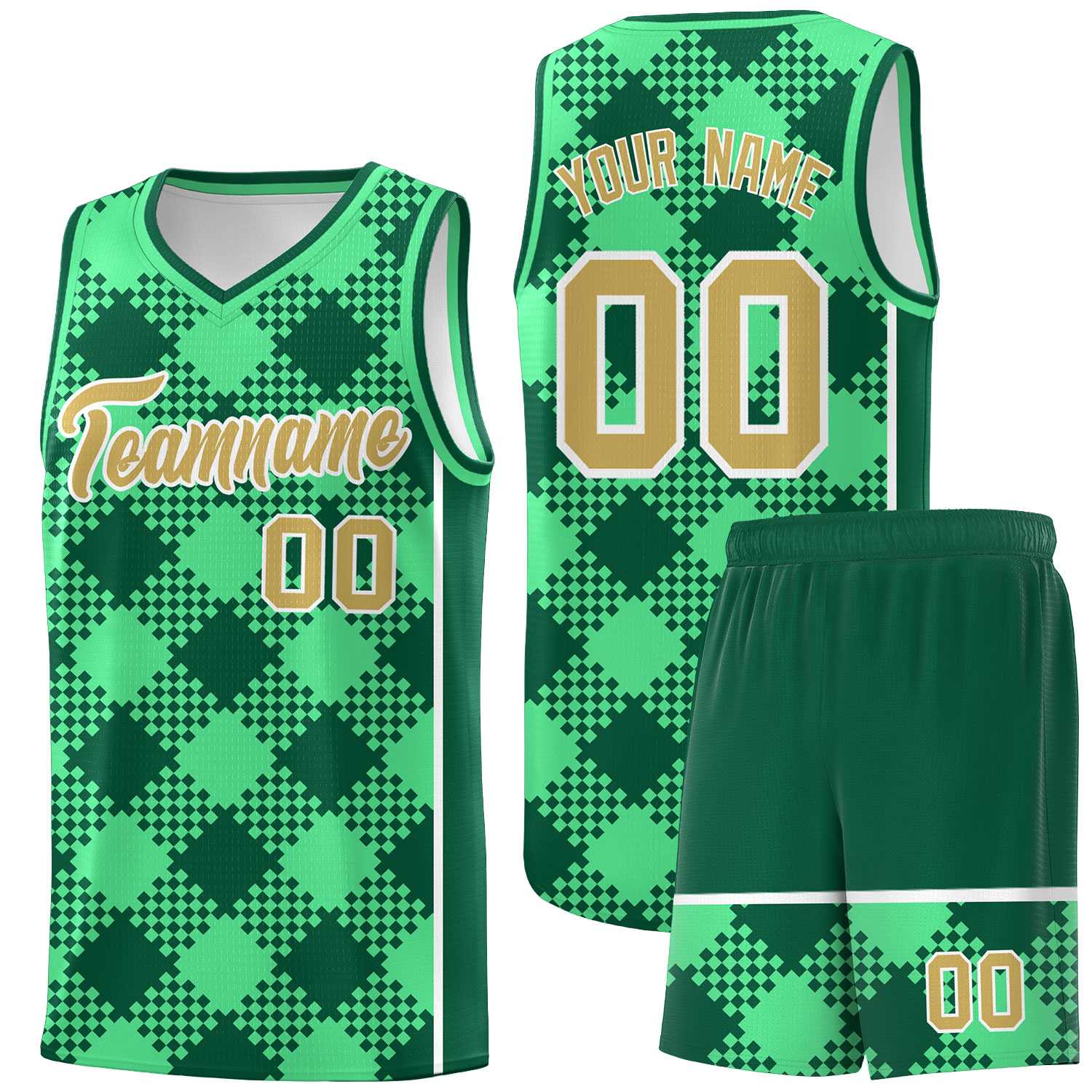 Personalized Green Kelly Green-White Grid Basketball Kits