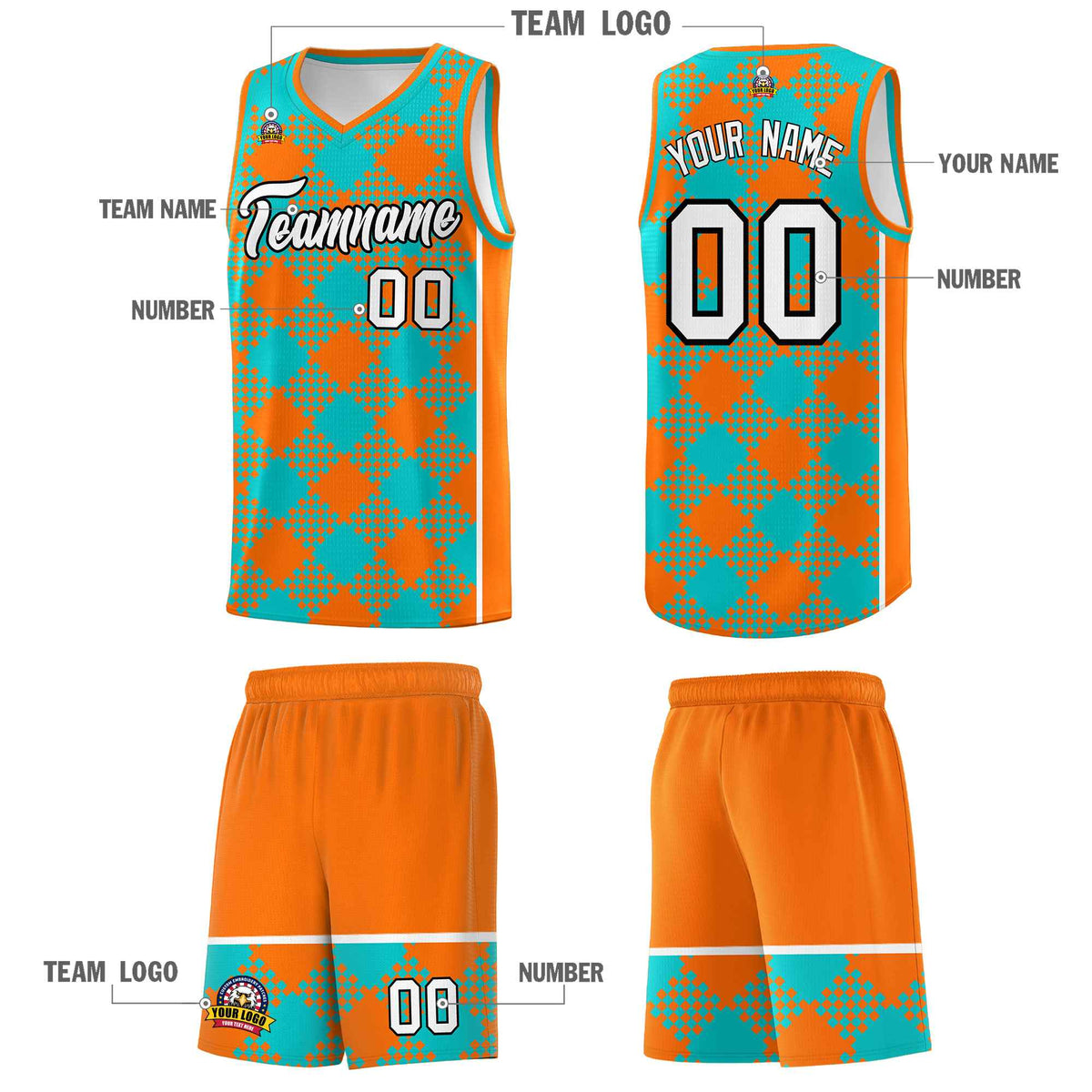 Personalized Aqua Orange-White Grid Basketball Kits