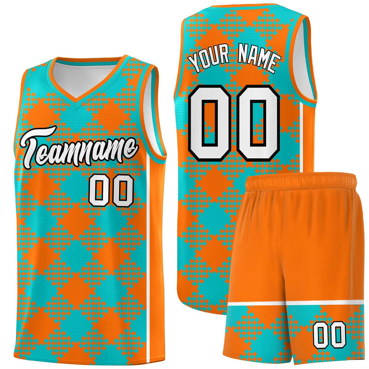 Personalized Aqua Orange-White Grid Basketball Kits