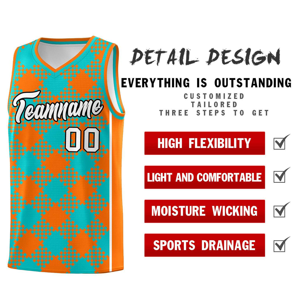Personalized Aqua Orange-White Grid Basketball Kits