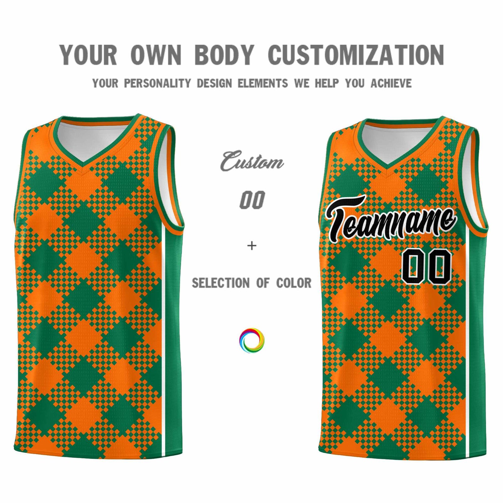 Personalized Orange Kelly Green-White Grid Basketball Kits