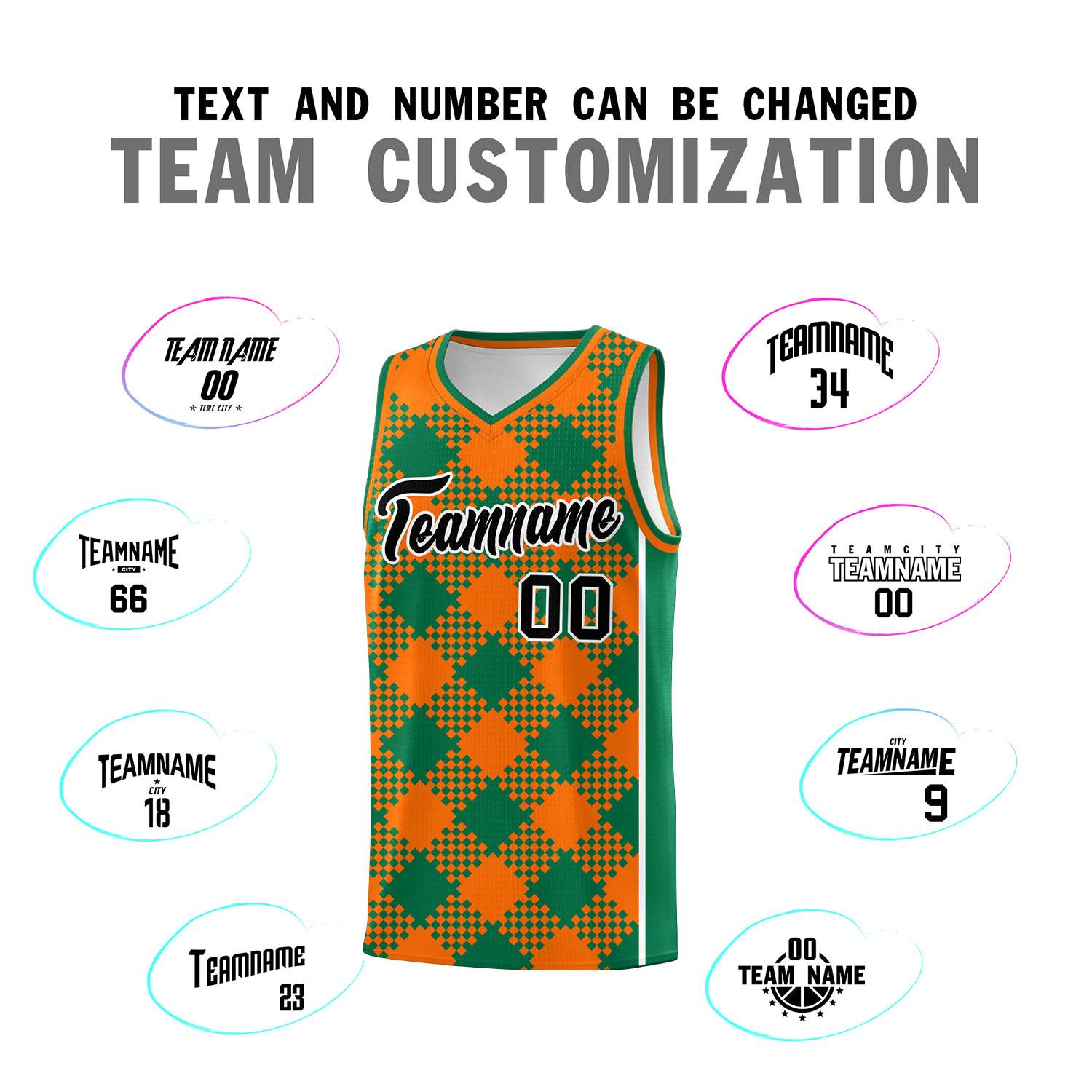 Personalized Orange Kelly Green-White Grid Basketball Kits