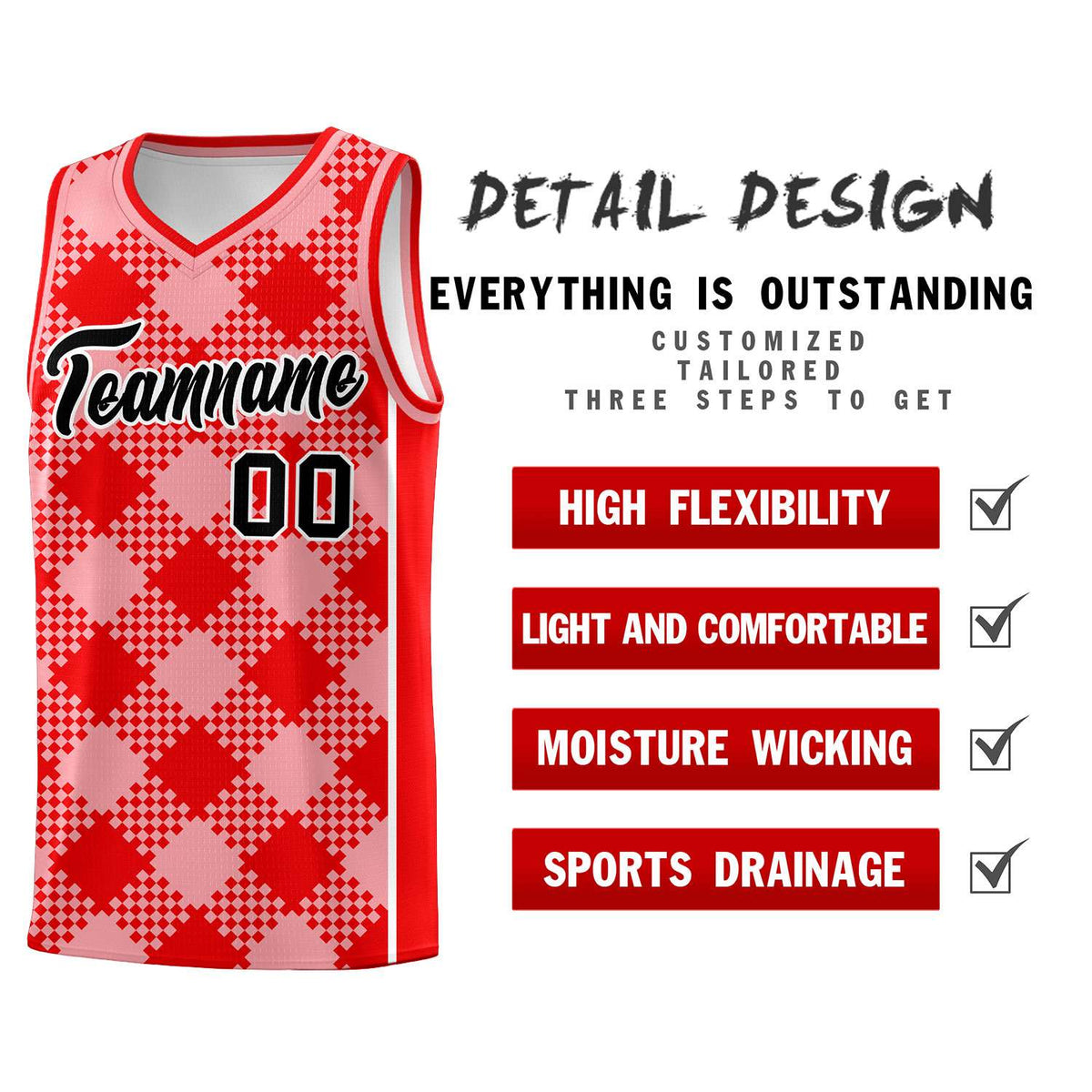 Personalized Light Pink Light Red-White Grid Basketball Kits