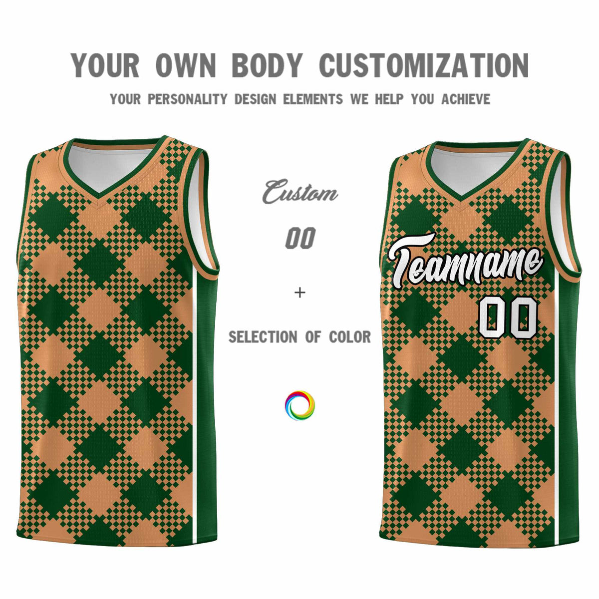 Personalized Green Buckskin Brown-White Grid Basketball Kits