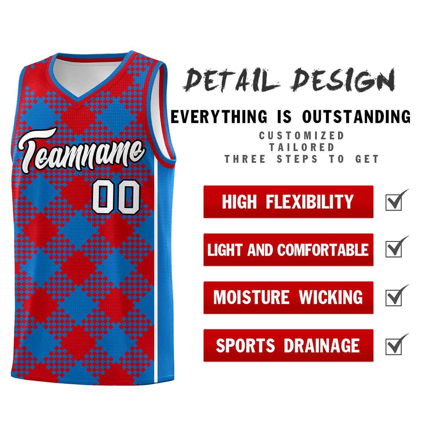 Personalized Royal Red-White Grid Basketball Kits