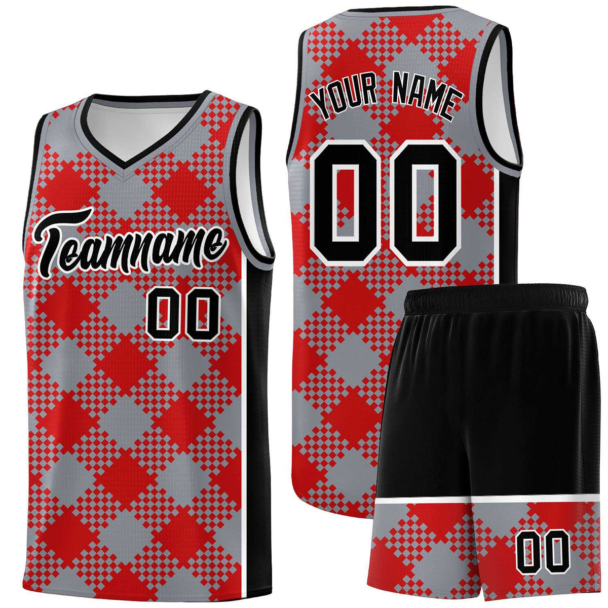 Personalized Gray Red-White Grid Basketball Kits
