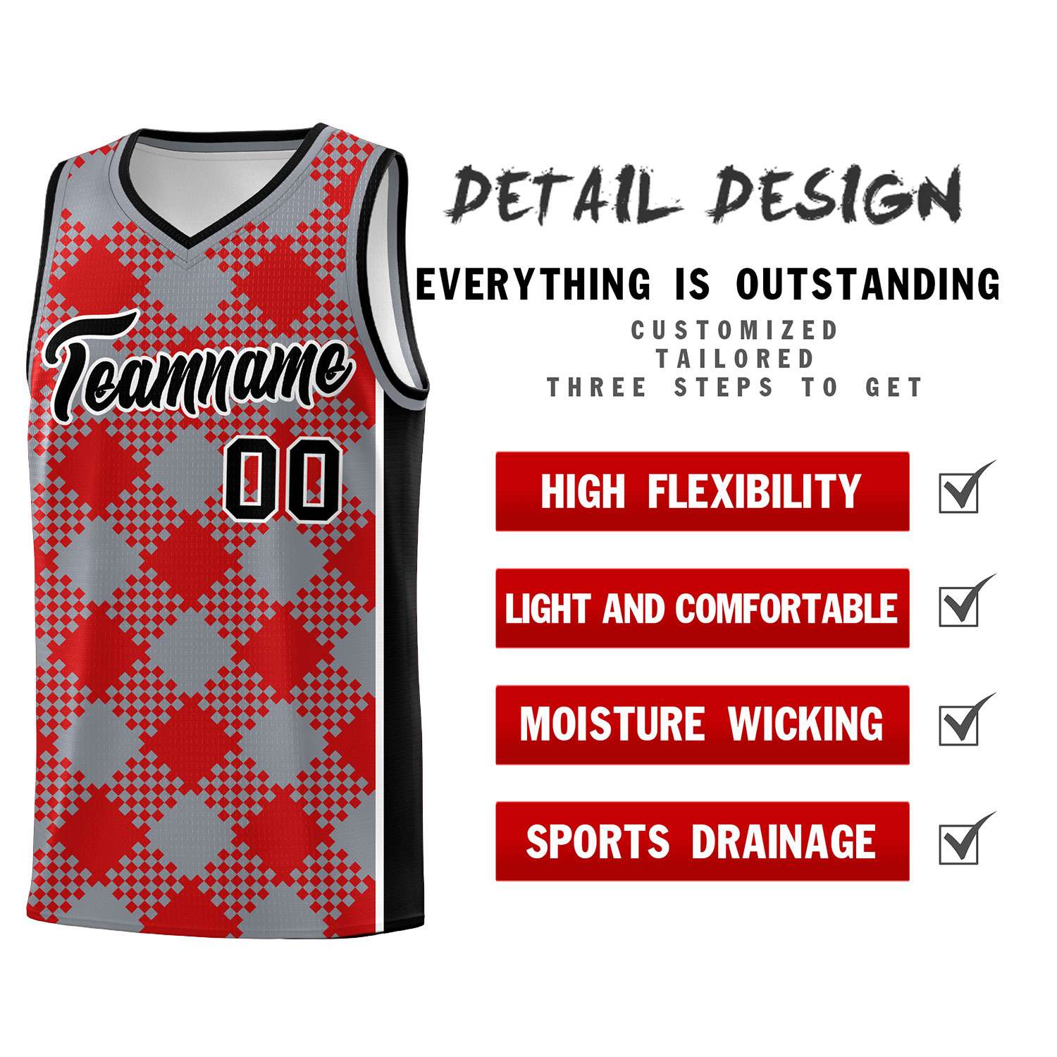 Personalized Gray Red-White Grid Basketball Kits