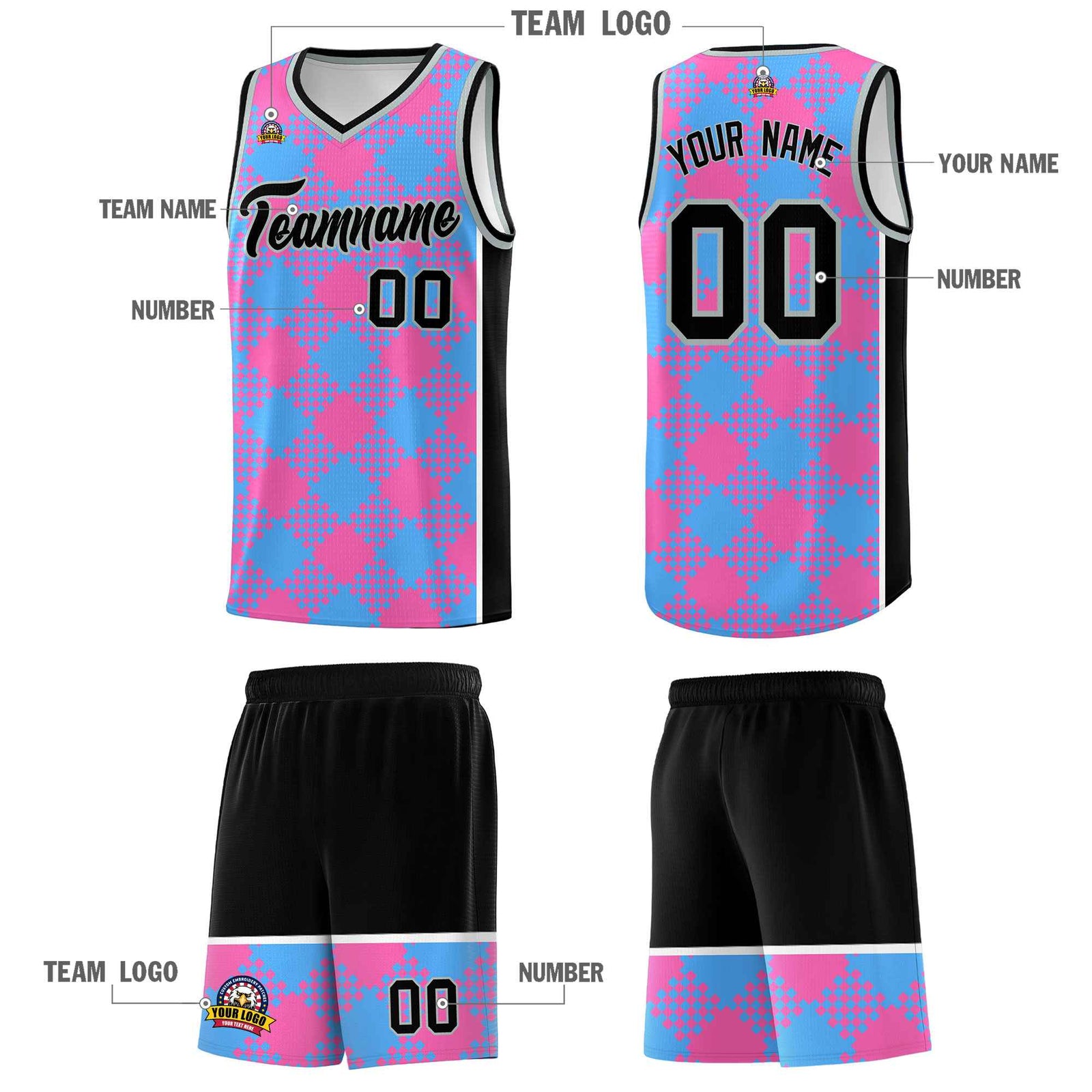 Personalized Powder Blue Pink-White Grid Basketball Kits
