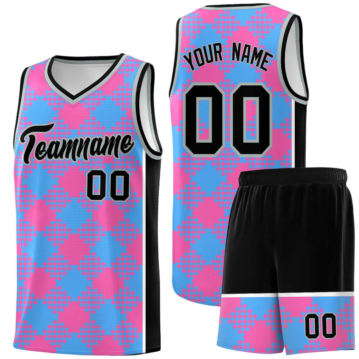 Personalized Powder Blue Pink-White Grid Basketball Kits
