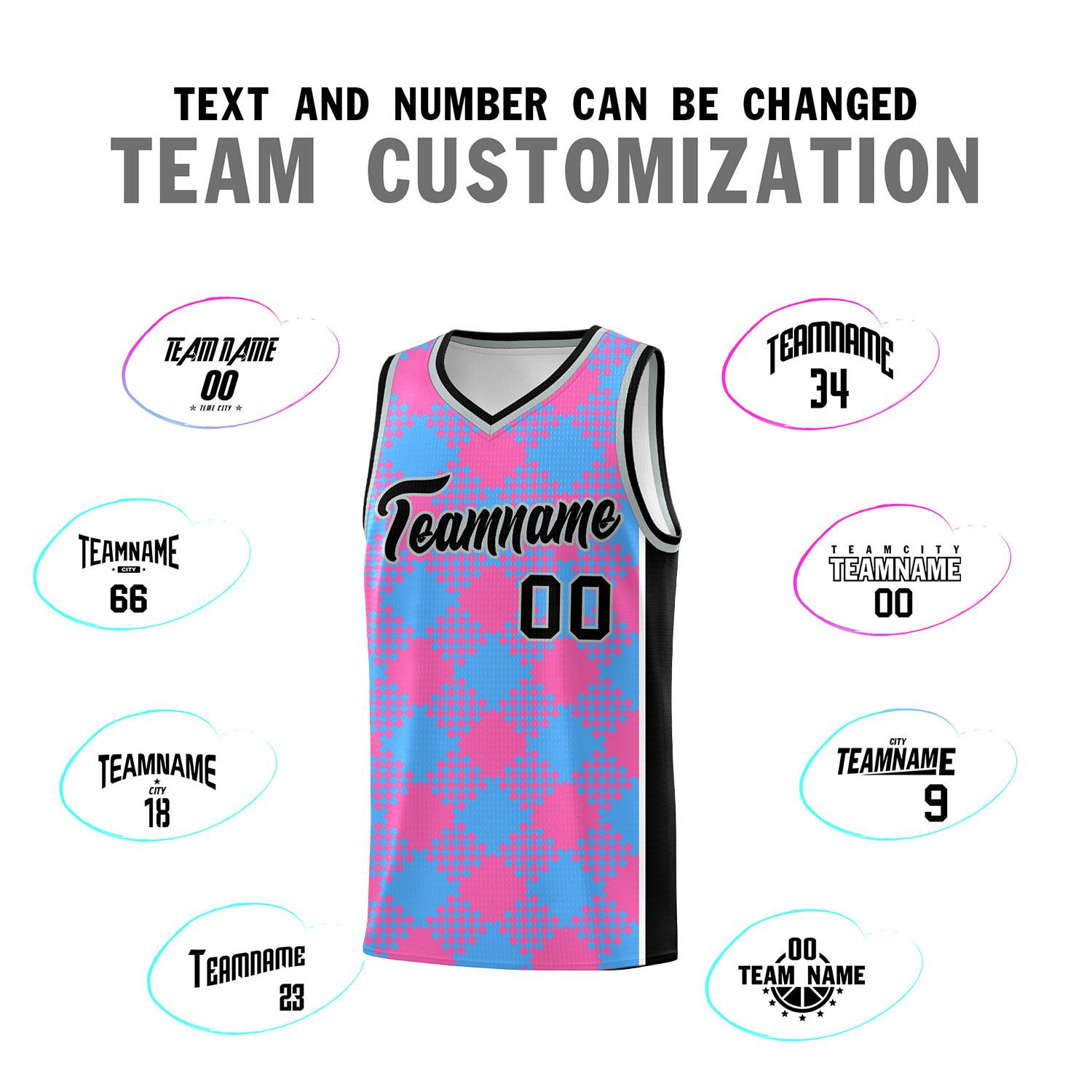 Personalized Powder Blue Pink-White Grid Basketball Kits