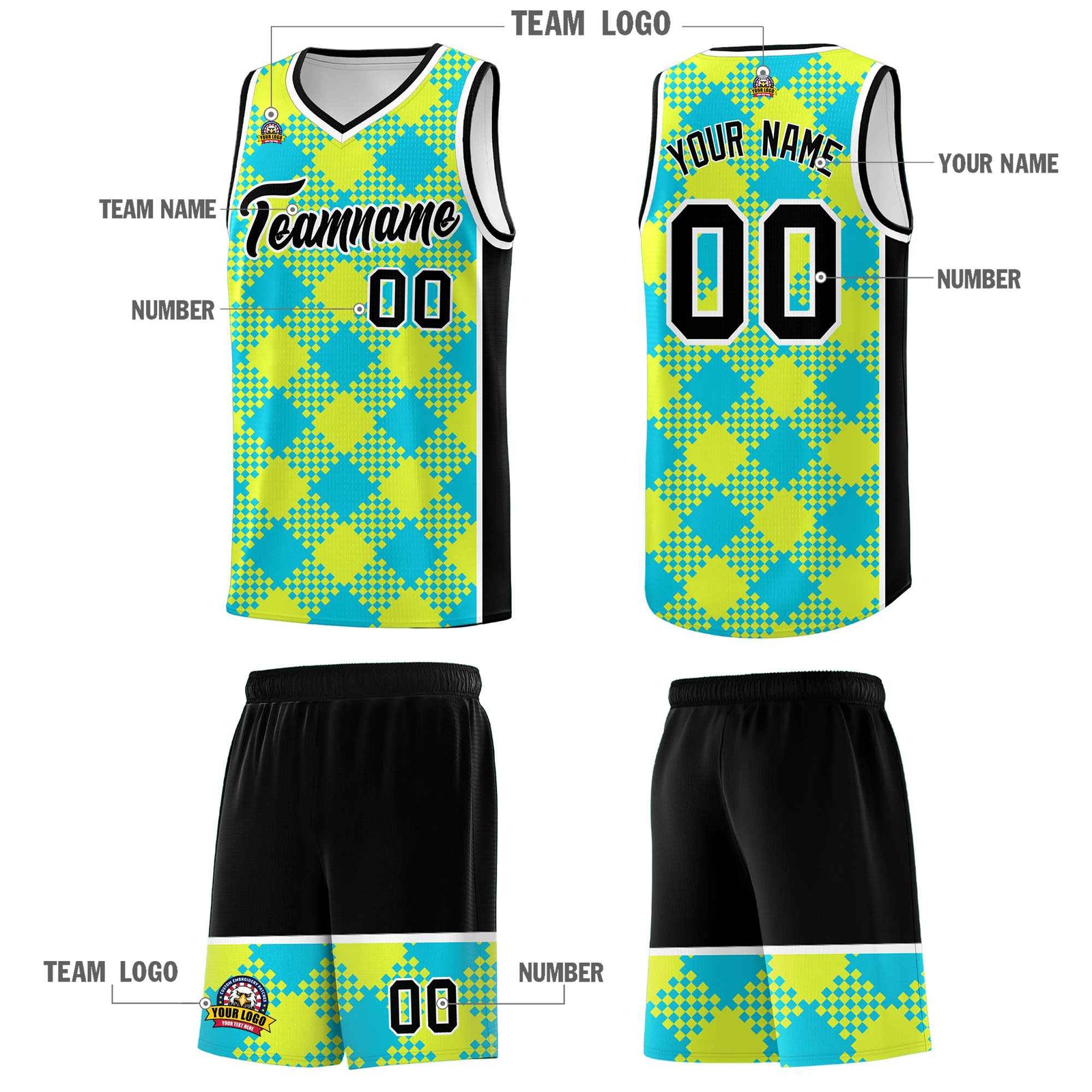 Personalized Sky Blue Fluorescent Green-White Grid Basketball Kits