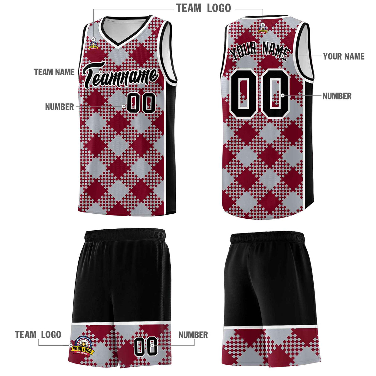 Personalized Gray Crimson-White Grid Basketball Kits