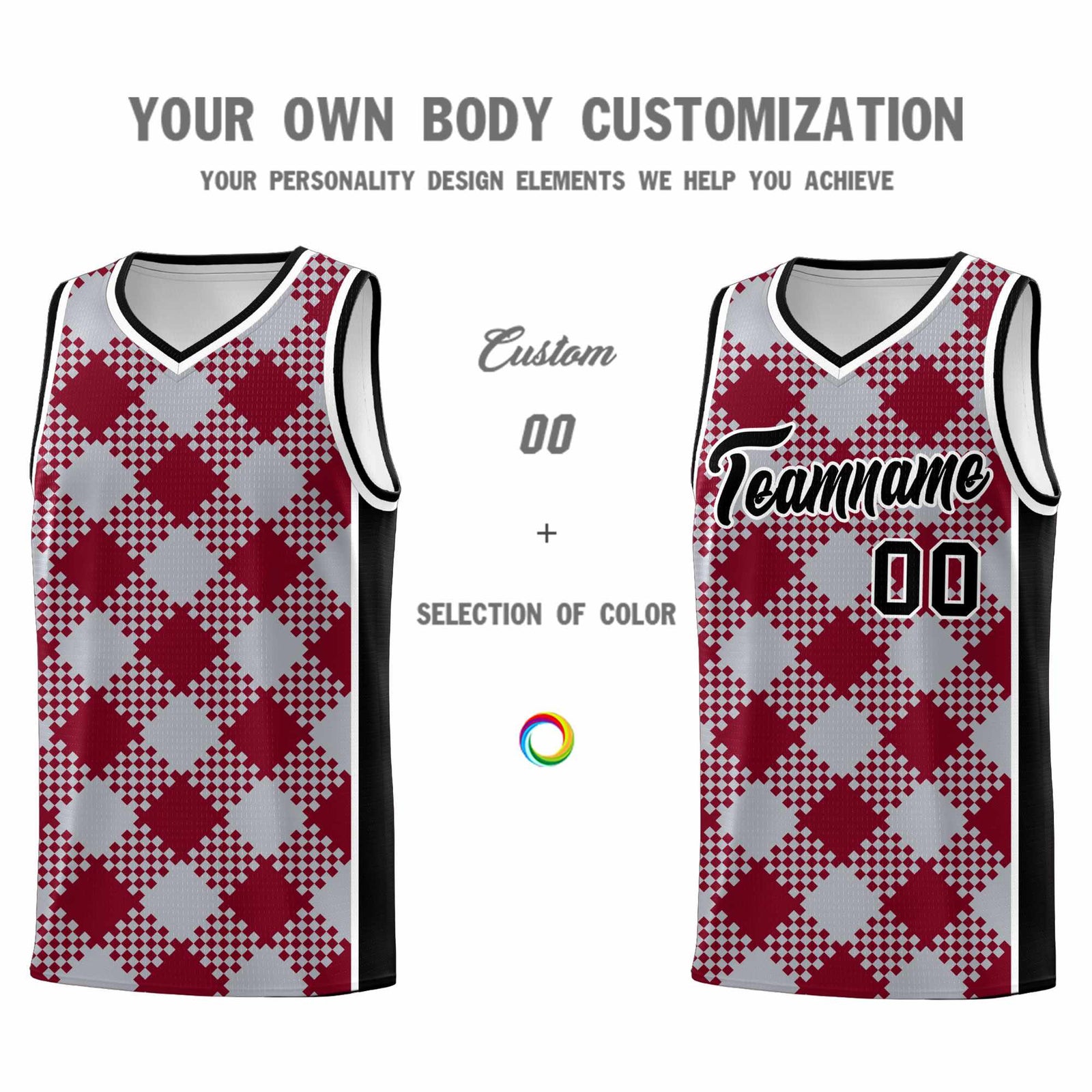 Personalized Gray Crimson-White Grid Basketball Kits