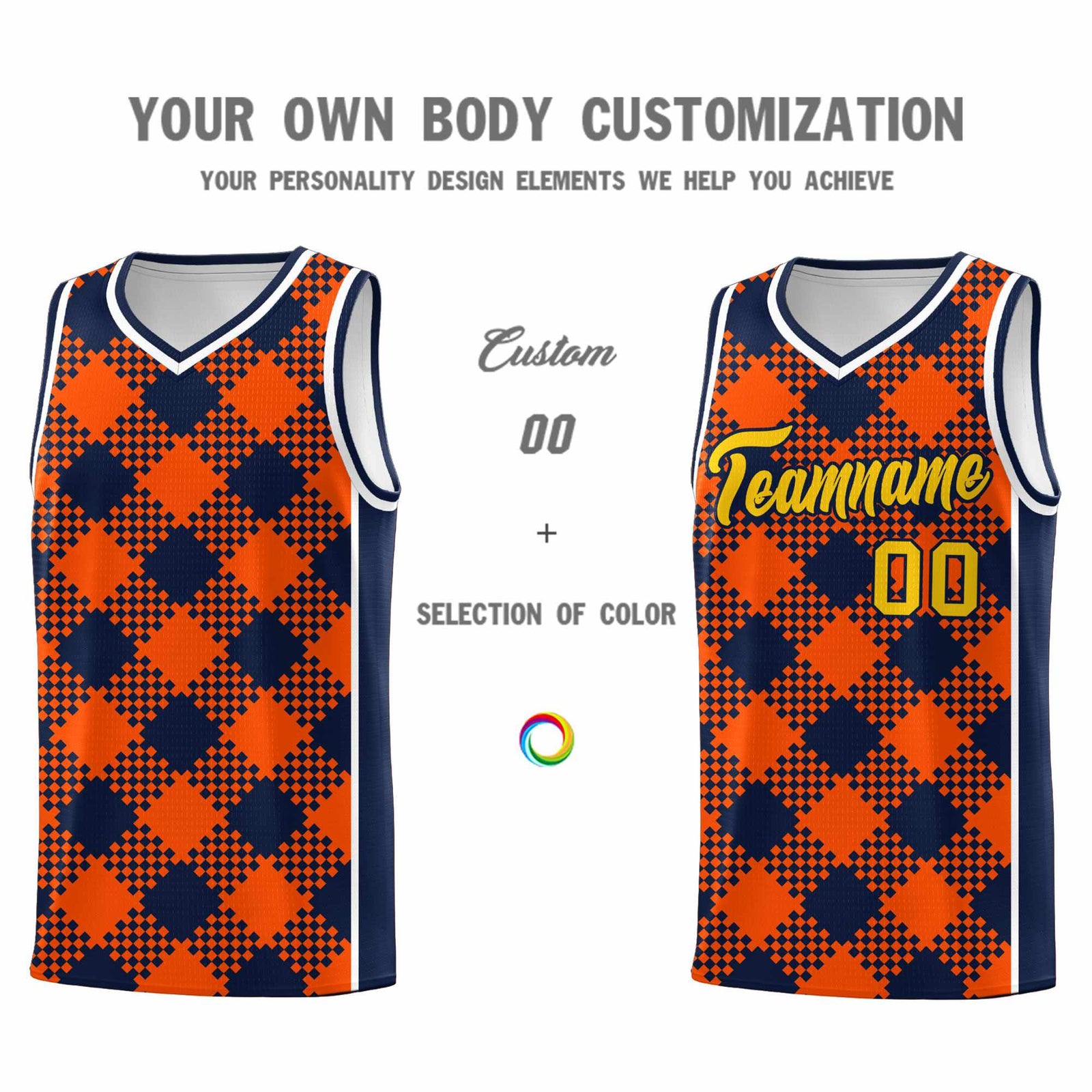 Personalized Orange Navy-White Grid Basketball Kits