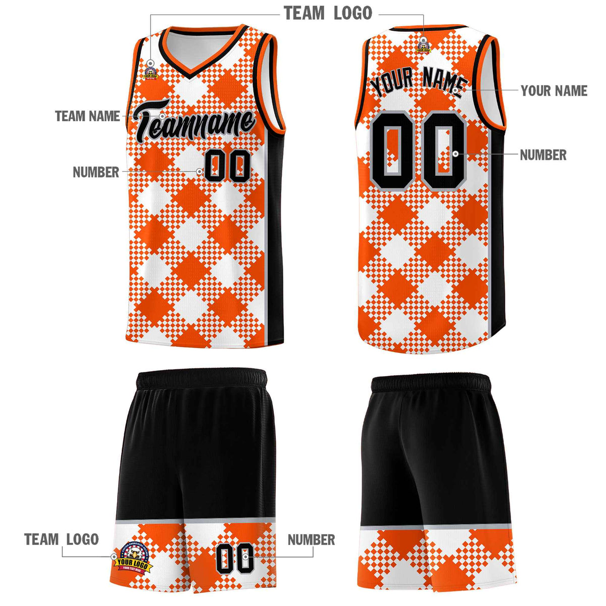 Personalized White Orange-Gray Grid Basketball Kits