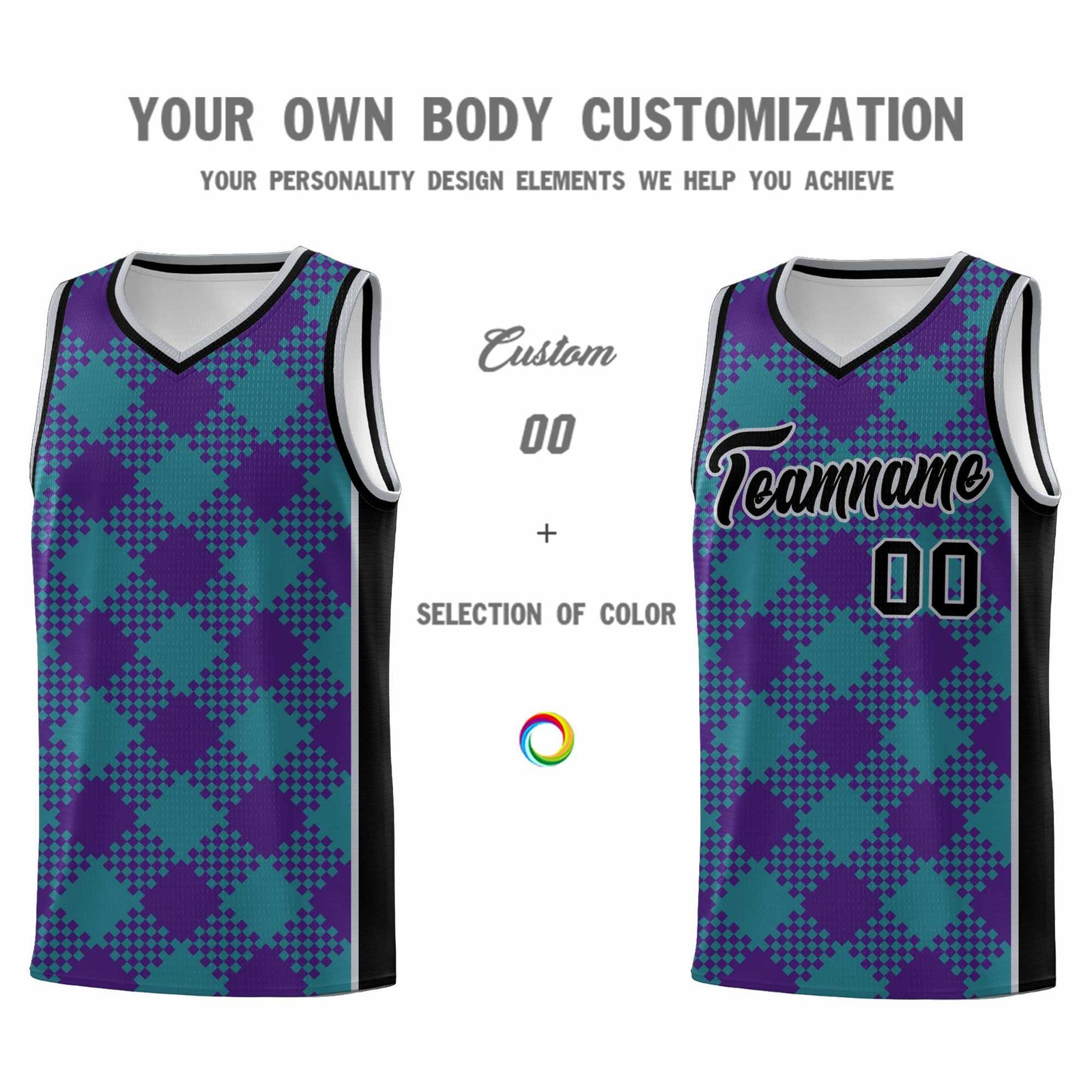 Personalized Purple Teal-Gray Grid Basketball Kits