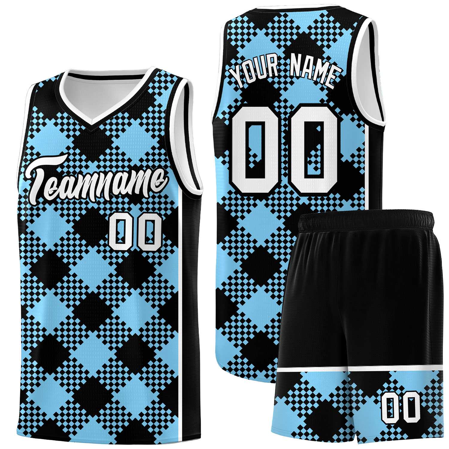 Personalized Light Blue White-Black Grid Basketball Kits