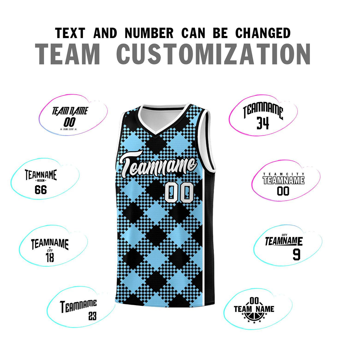 Personalized Light Blue White-Black Grid Basketball Kits