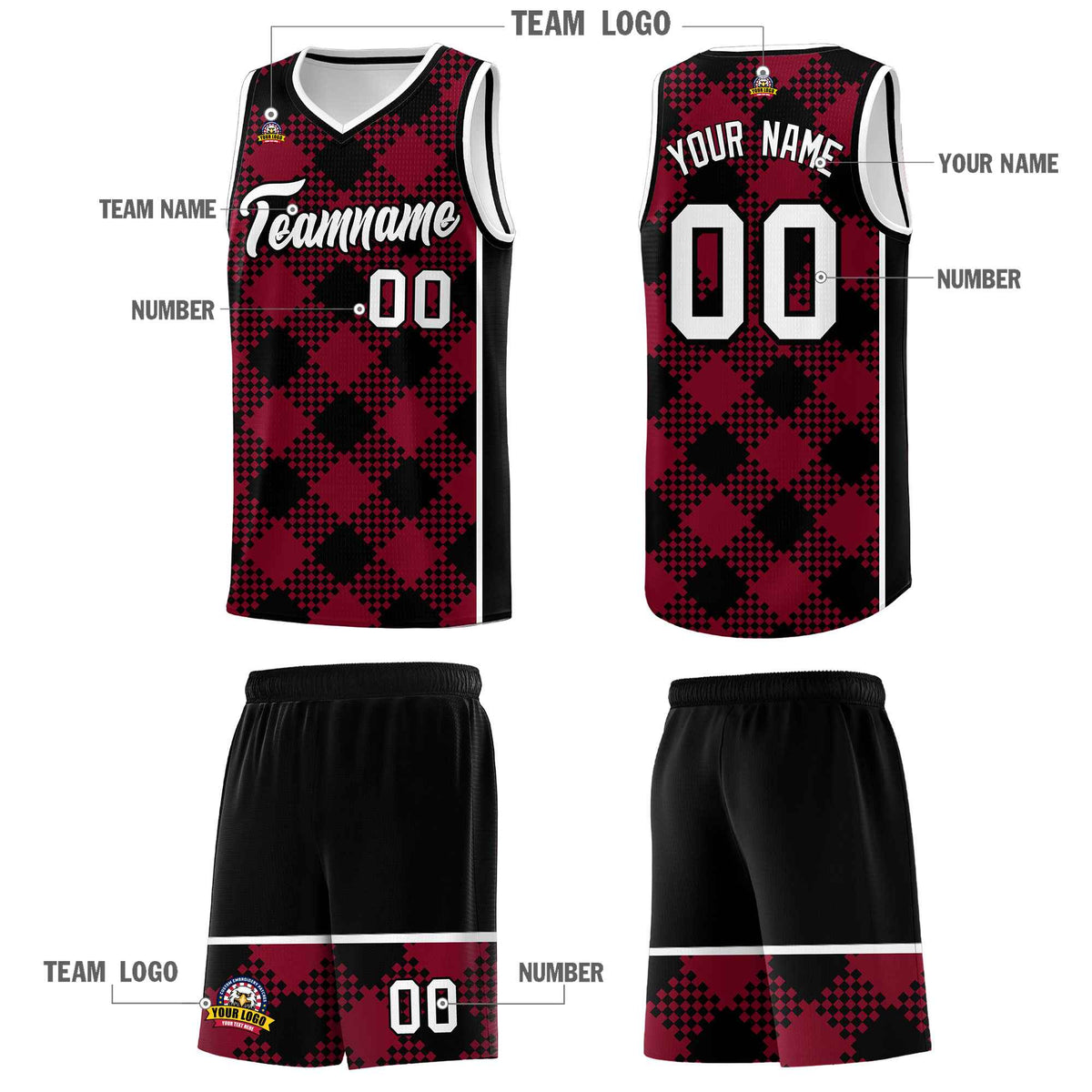 Personalized Crimson Black-White Grid Basketball Kits