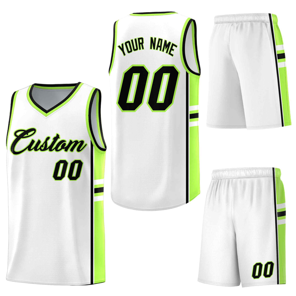 Custom White Fluorescent Green Classic Color Block Breathable Varsity Uniform Basketball Jersey