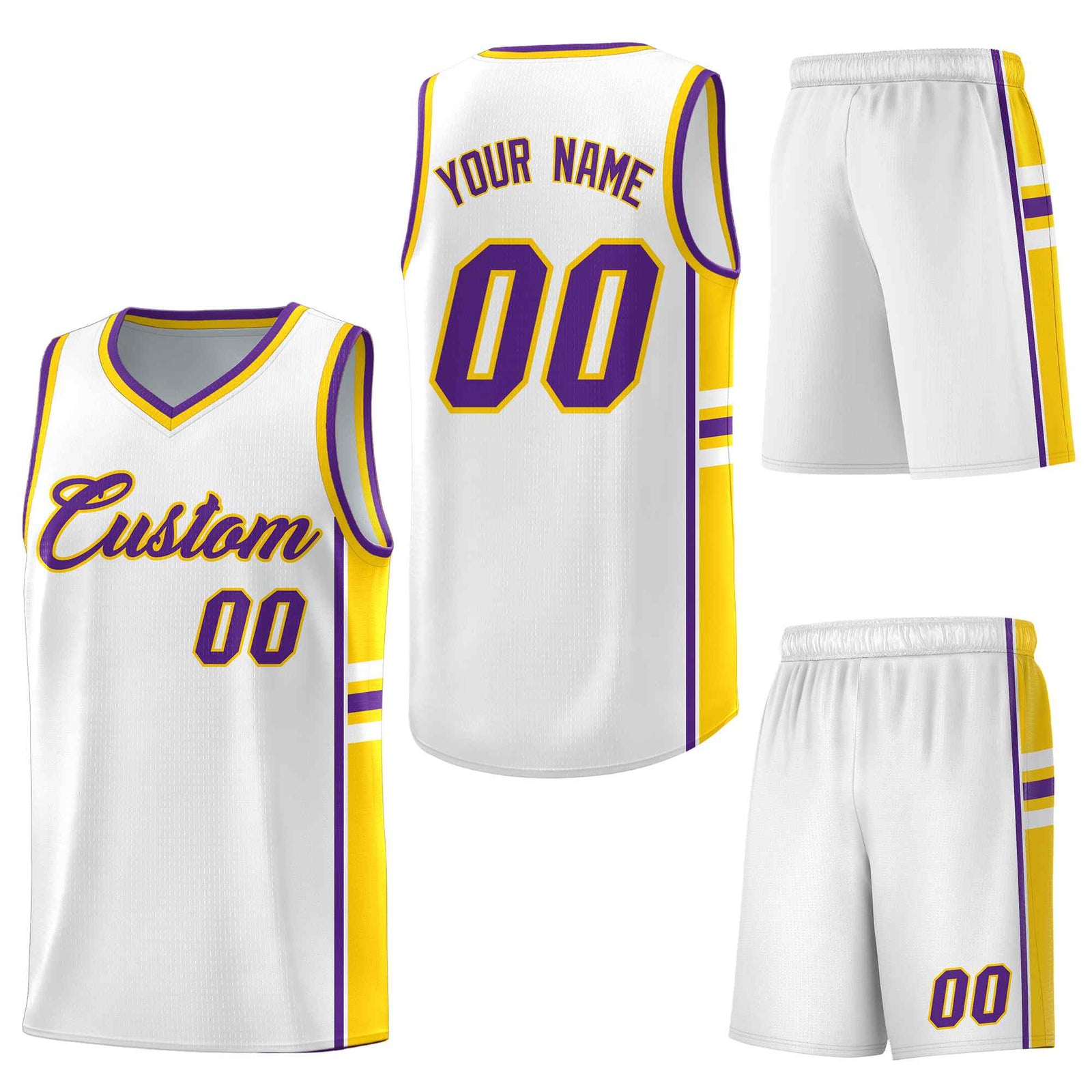 Custom White Gold Classic Color Block Drapable Varsity Uniform Basketball Jersey