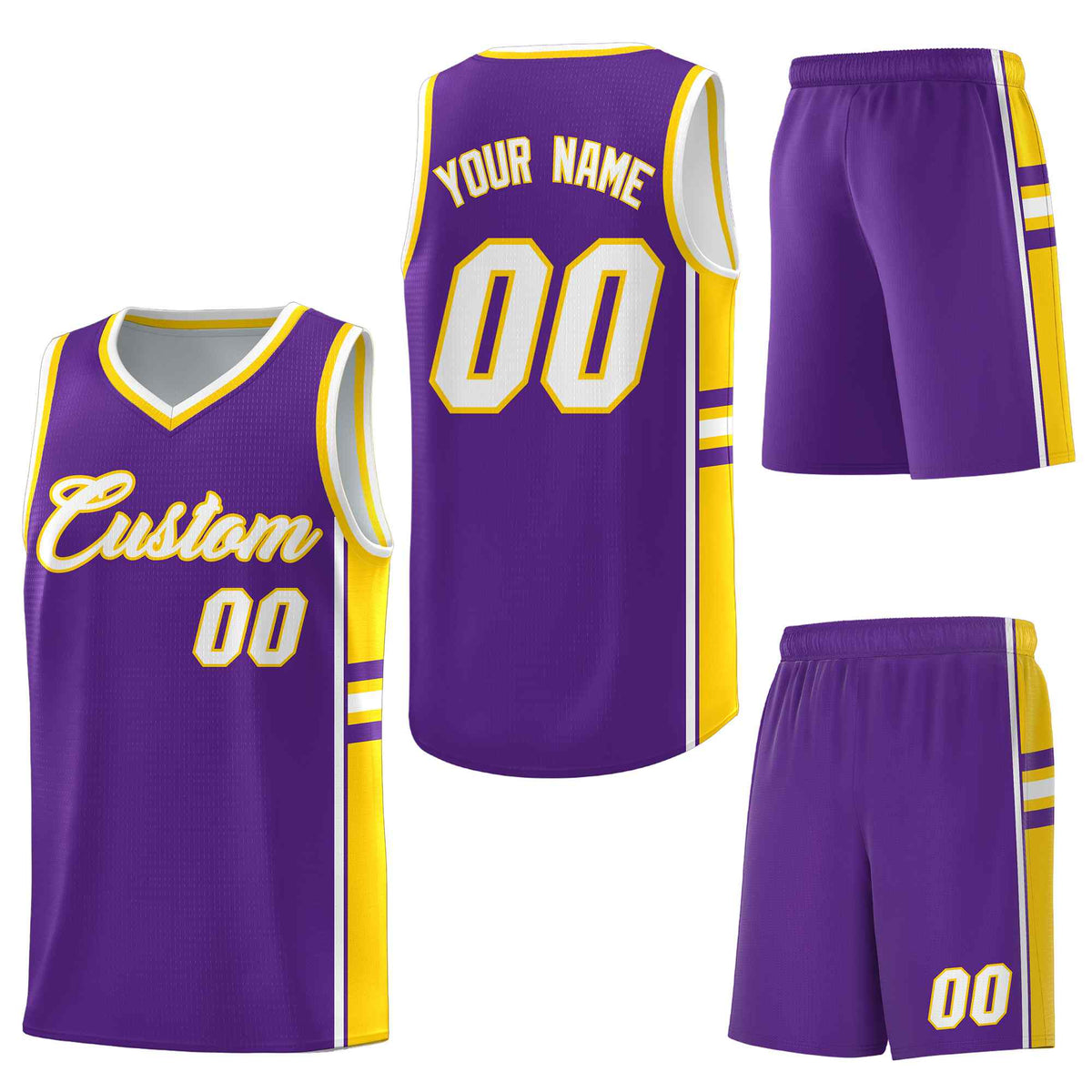 Custom Purple Gold Classic Color Block Breathable Personalized Uniform Basketball Jersey