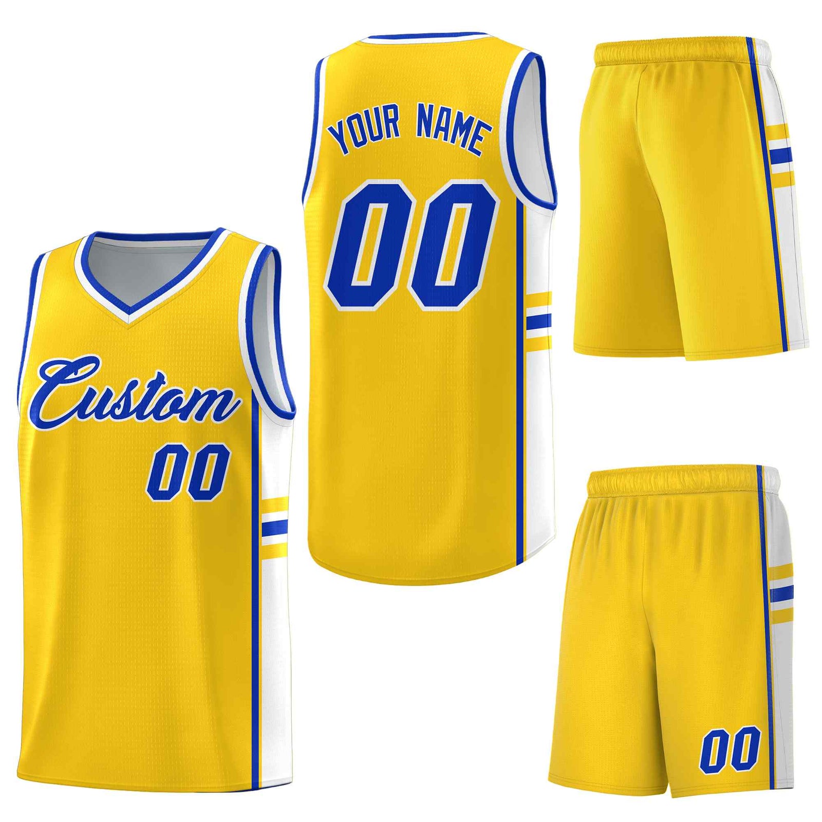 Custom Gold White Classic Color Block Drapable Personalized Uniform Basketball Jersey