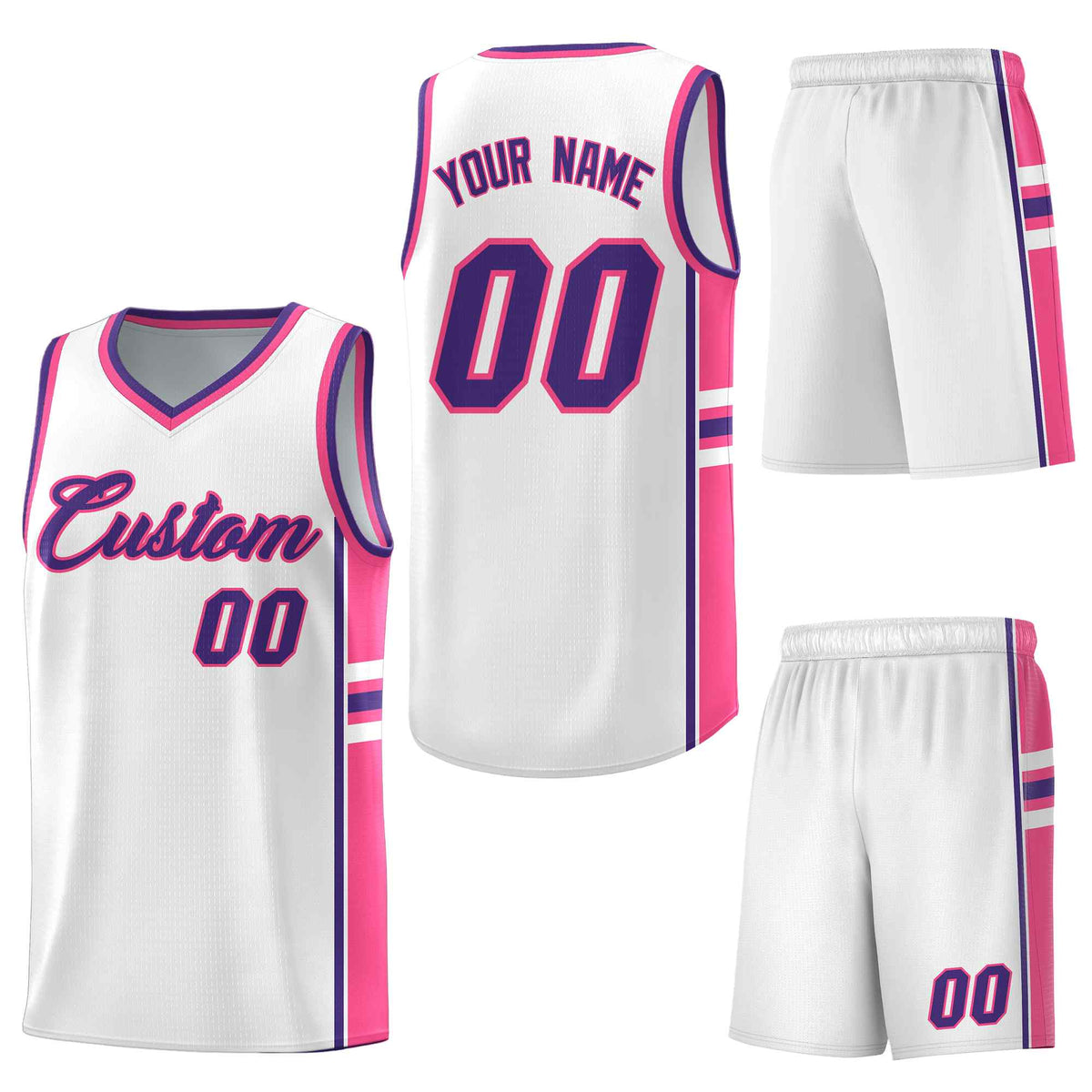 Custom White Pink Classic Color Block Breathable Varsity Uniform Basketball Jersey