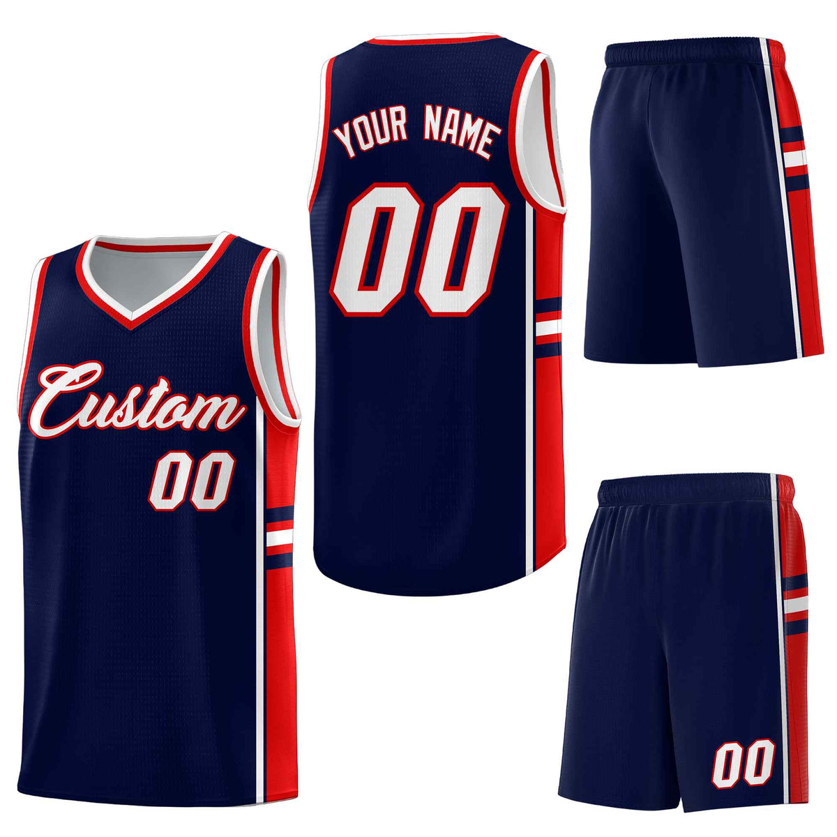 Custom Navy Red Classic Color Block Drapable Varsity Uniform Basketball Jersey