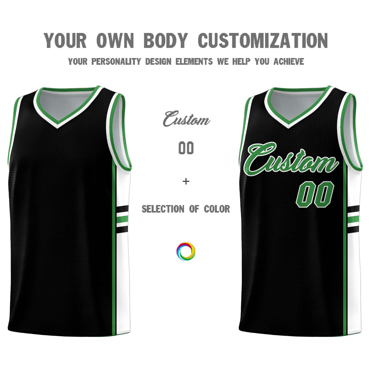 Custom Youth Basketball Jersey - Black Kelly Green Two-Tone Classic Varsity Uniform
