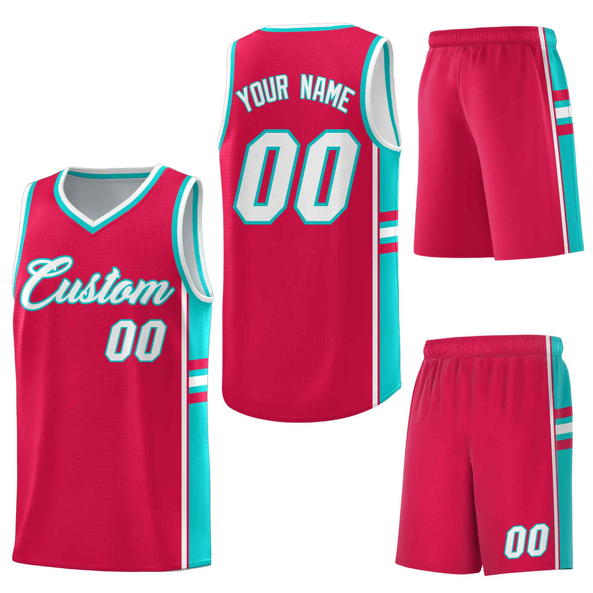 Custom Red Aqua Classic Color Block Quick-Drying Varsity Uniform Basketball Jersey