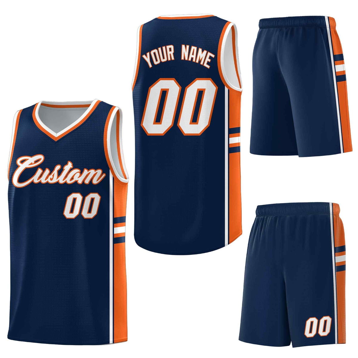Custom Navy Orange Classic Color Block Drapable Personalized Uniform Basketball Jersey