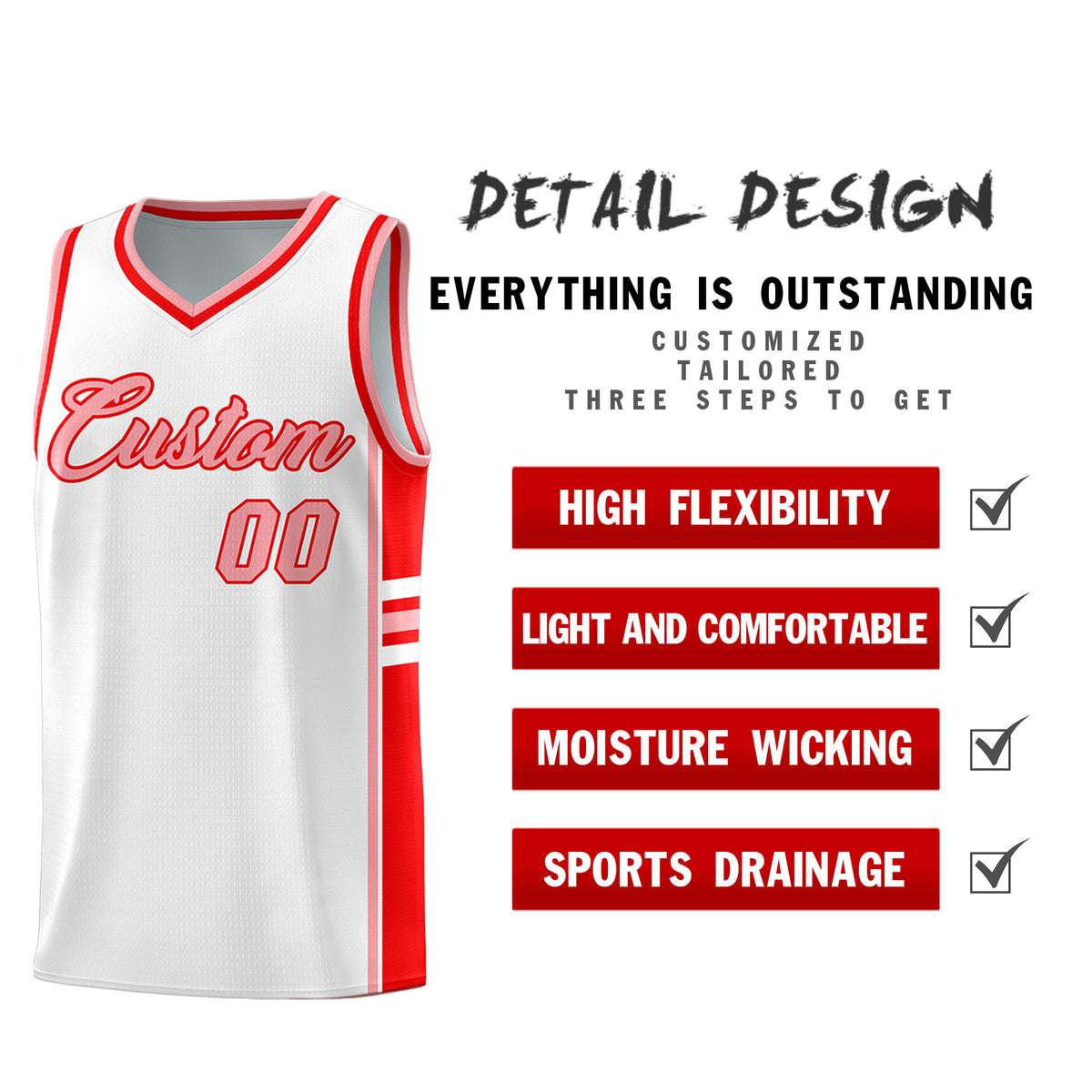 Custom Youth Basketball Jersey - White Light Red Personalized Varsity Two-Tone Uniform