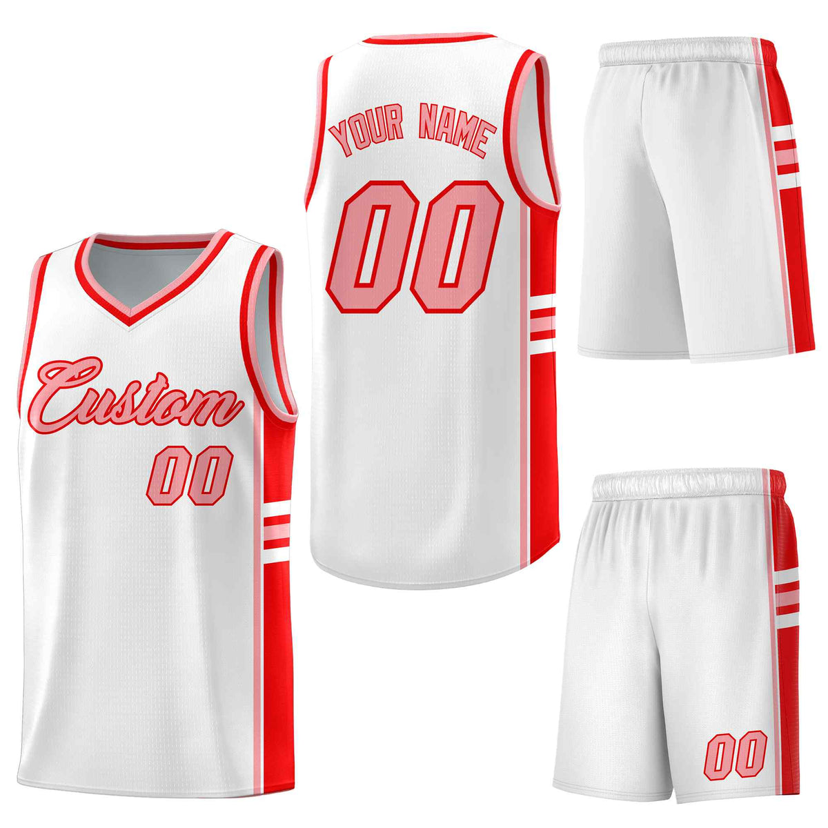 Custom White Light Red Classic Color Block Drapable Varsity Uniform Basketball Jersey