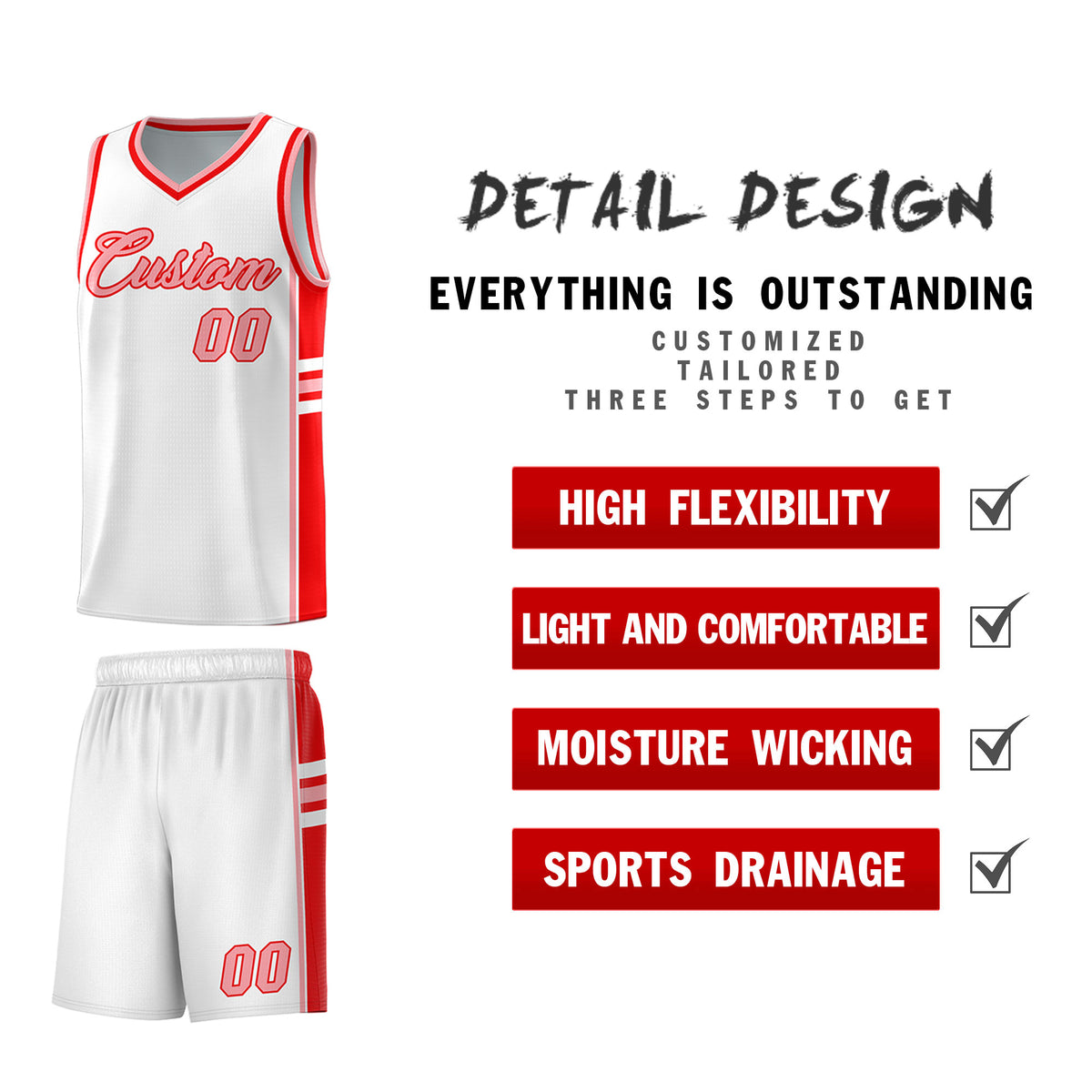 Custom Youth Basketball Jersey - White Light Red Personalized Varsity Two-Tone Uniform