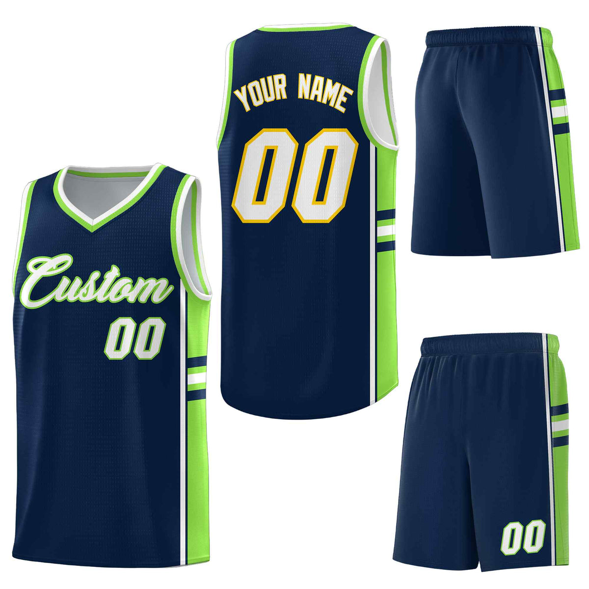 Custom Navy Fluorescent Green Classic Color Block Drapable Varsity Uniform Basketball Jersey