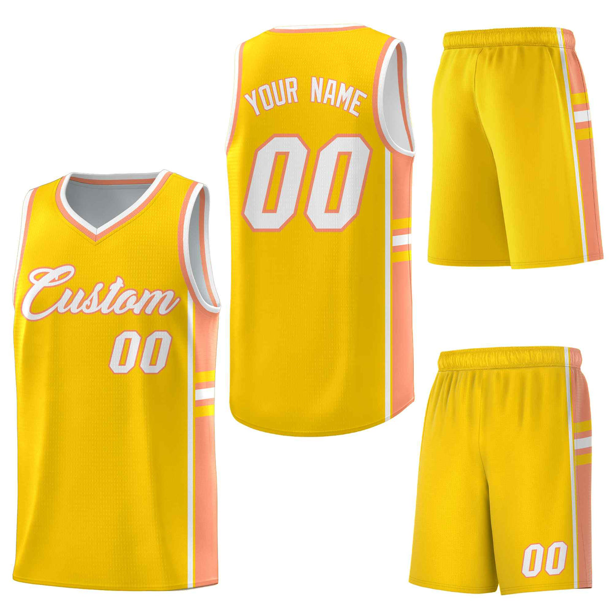 Custom Gold Light Orange Classic Color Block Quick-Drying Varsity Uniform Basketball Jersey
