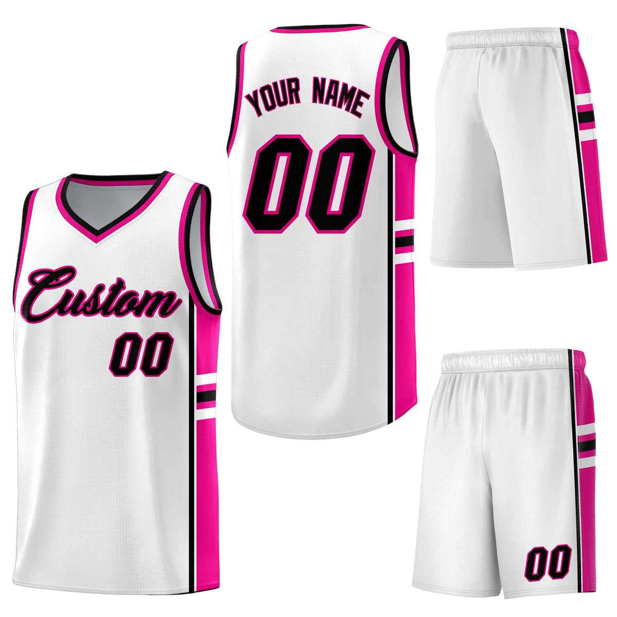 Custom White Pink Classic Color Block Drapable Personalized Uniform Basketball Jersey