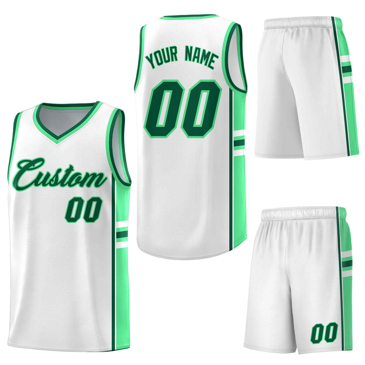 Custom White Green Classic Color Block Lightweight Varsity Uniform Basketball Jersey