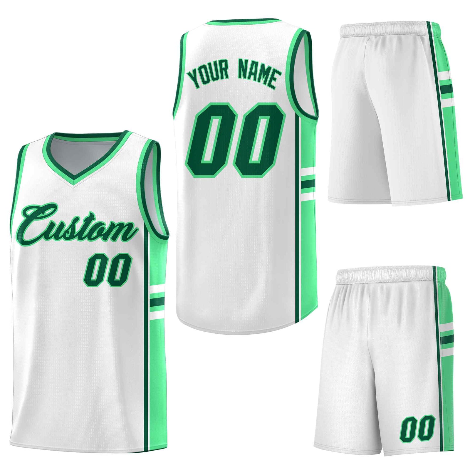 Custom White Green Classic Color Block Lightweight Varsity Uniform Basketball Jersey