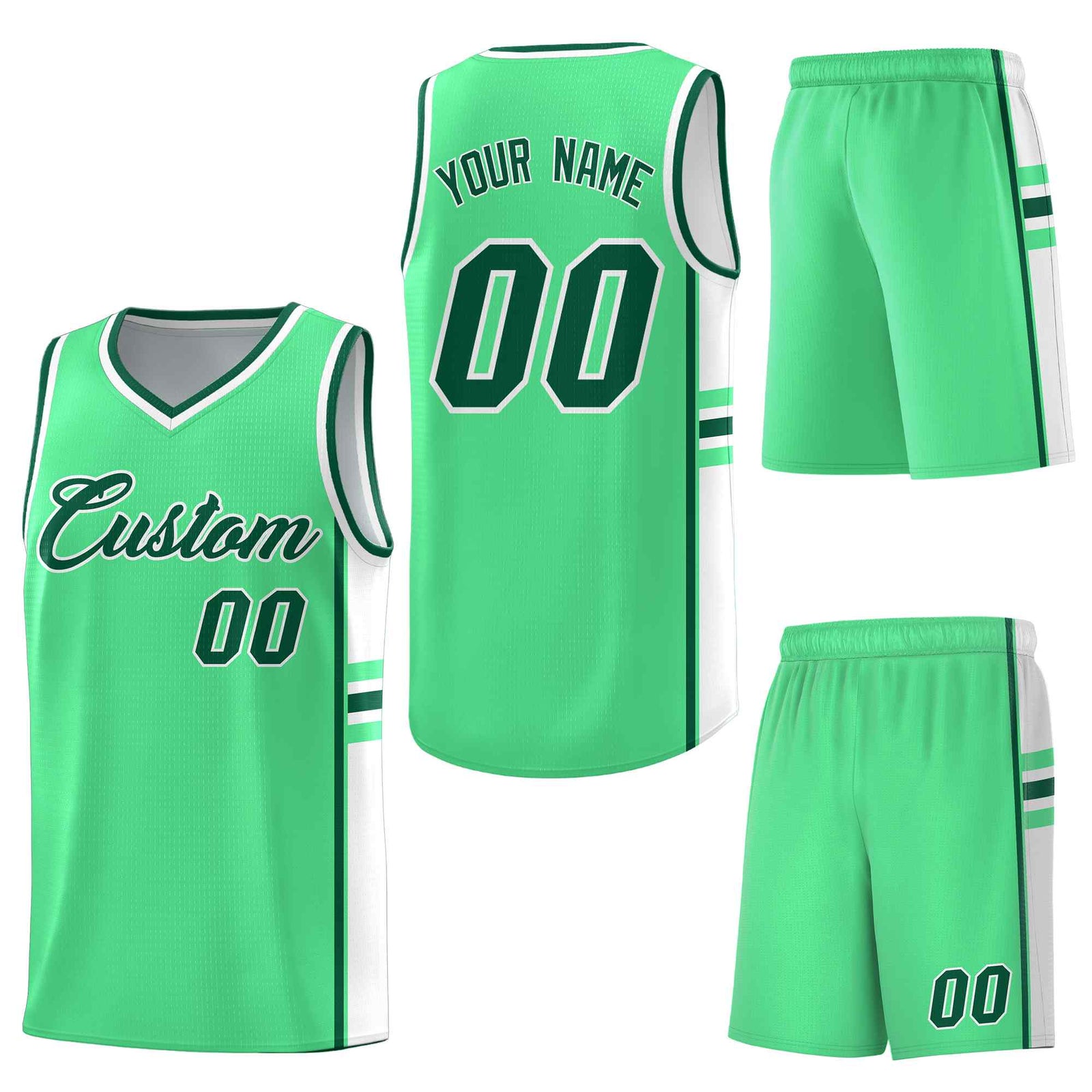 Custom Green White Classic Color Block Drapable Varsity Uniform Basketball Jersey