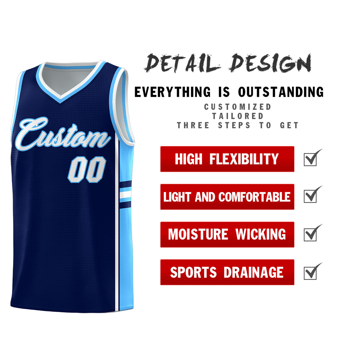 Custom Youth Basketball Jersey - Navy Powder Blue Two-Tone Classic Varsity Uniform