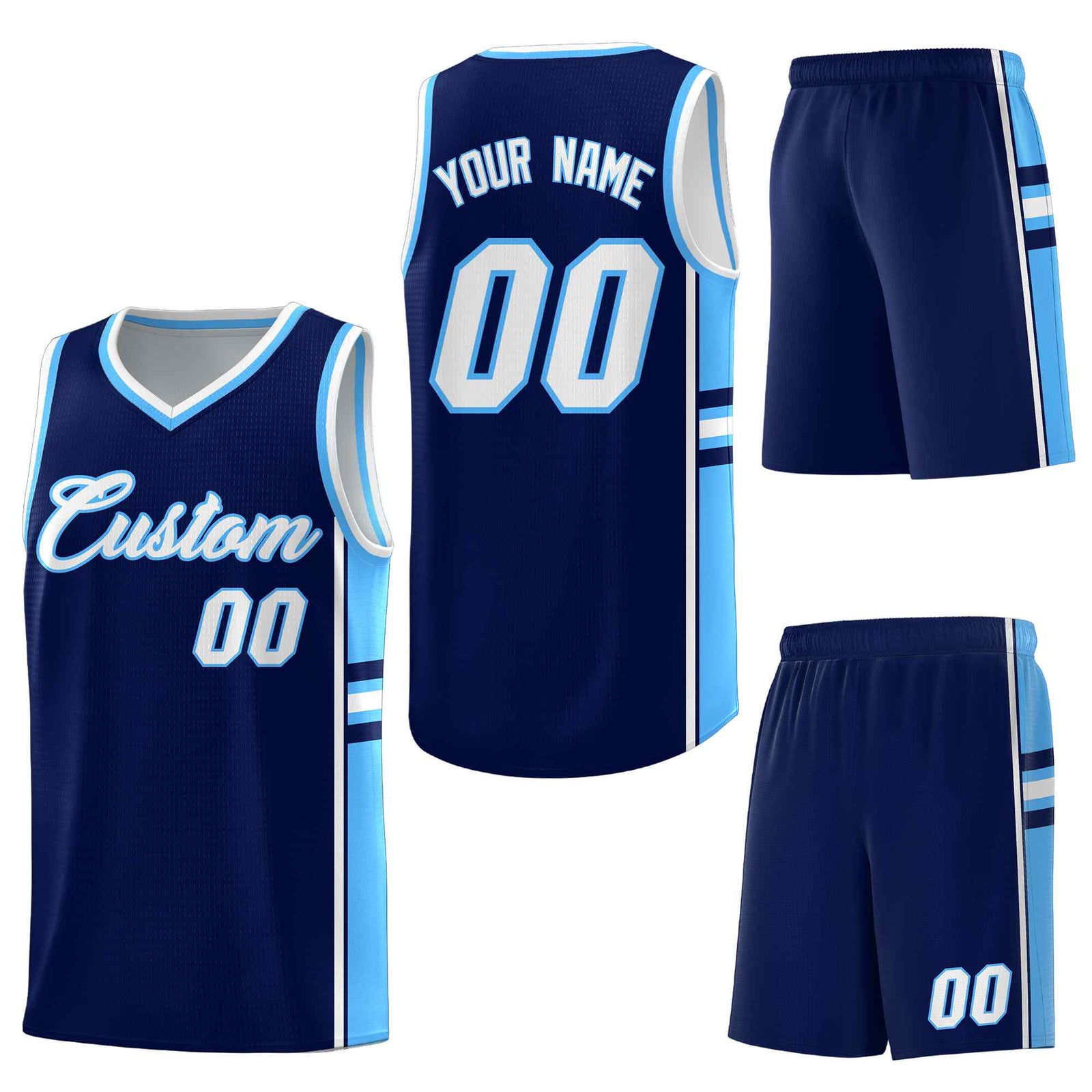 Custom Navy Powder Blue Classic Color Block Quick-Drying Varsity Uniform Basketball Jersey